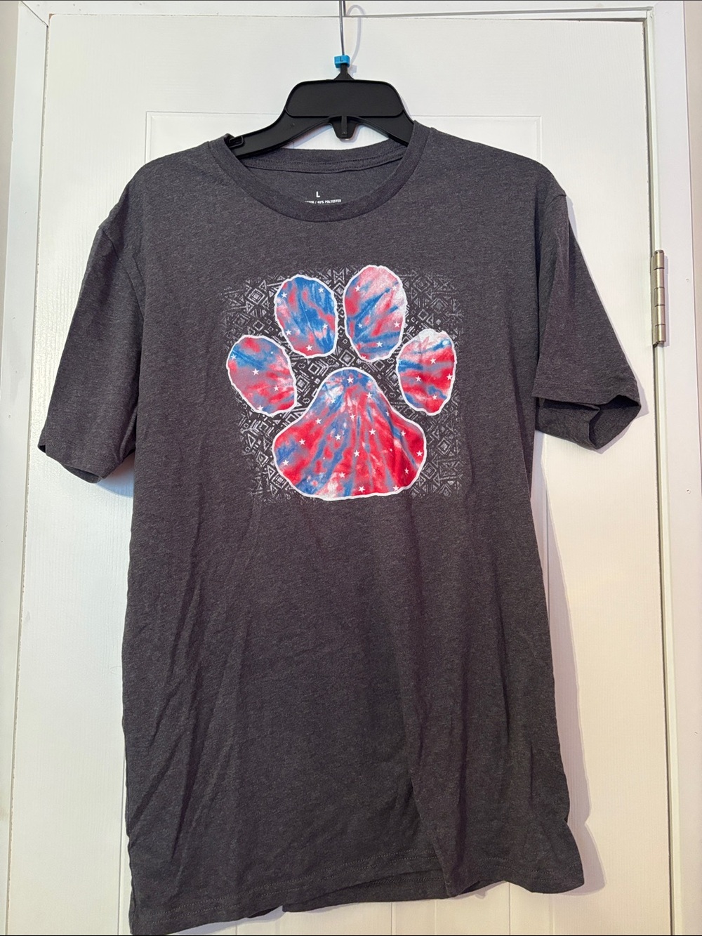 Women’s Charcoal Short Sleeve Tee with Red & Blue Paw Graphic
